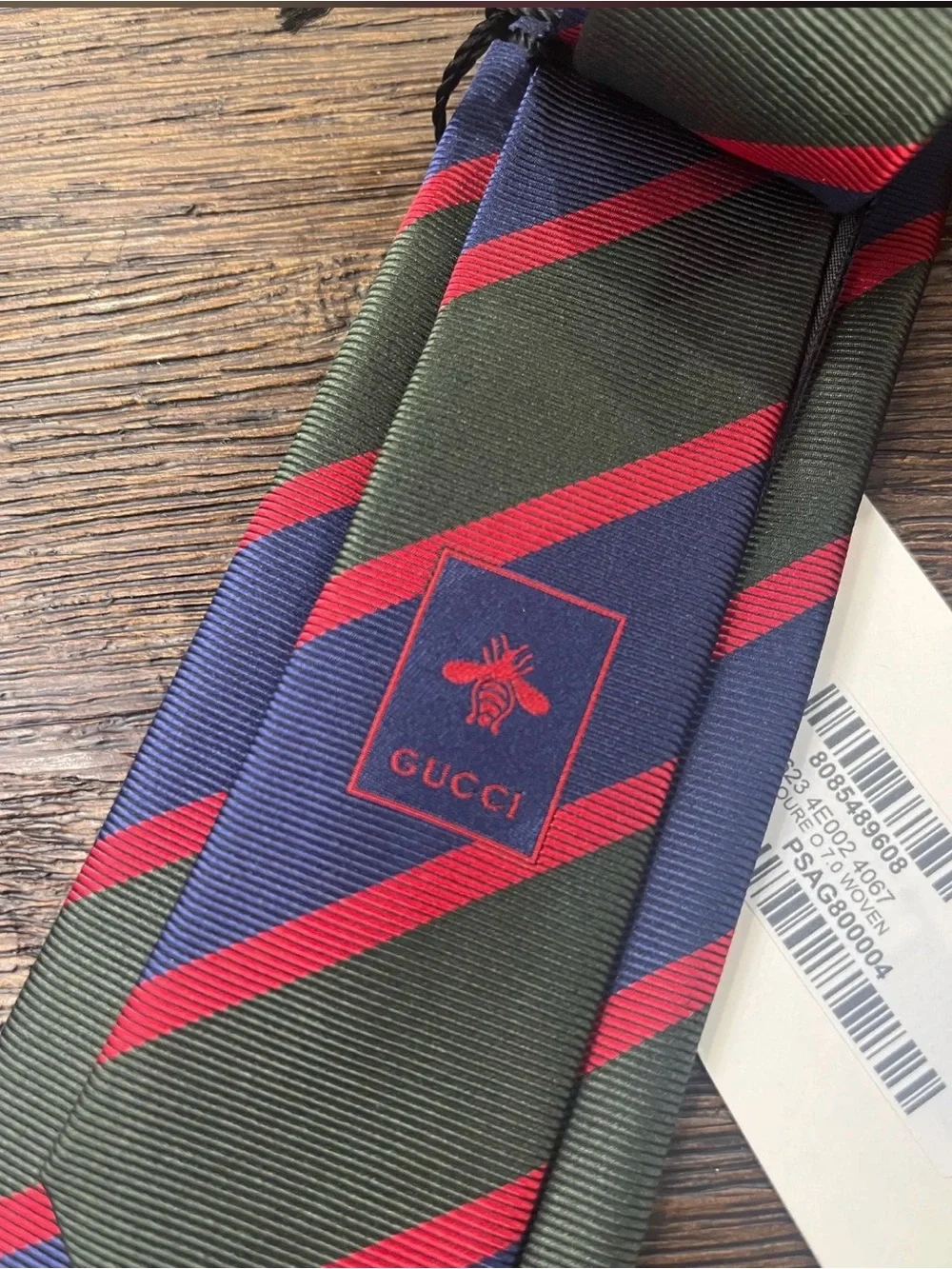 Gucci Striped Silk Tie in Navy, Olive & Red new with tags